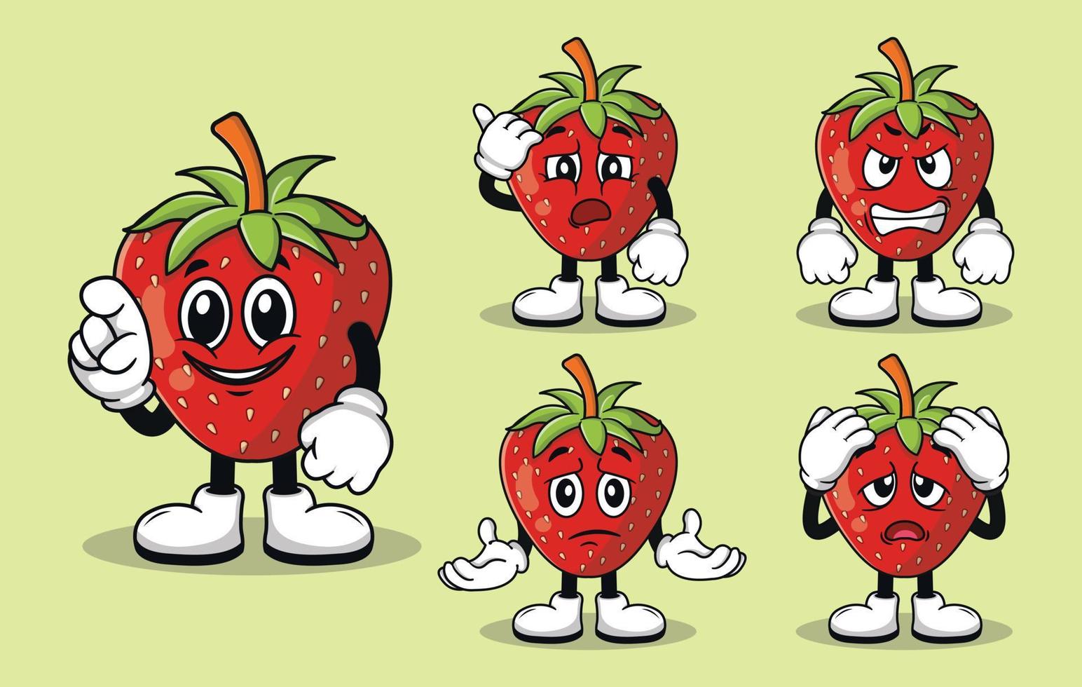 jolie mascotte de fraise avec divers types d'expressions vecteur