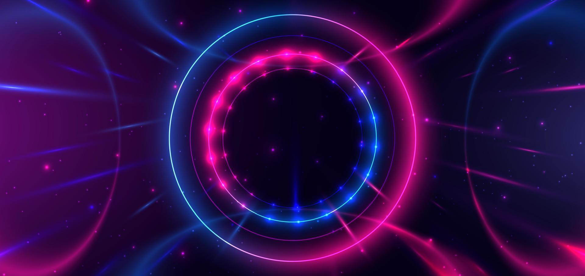 technologie abstraite cercle néon futuriste brillant lignes lumineuses bleues et roses avec effet de flou de mouvement de vitesse sur fond bleu foncé. vecteur