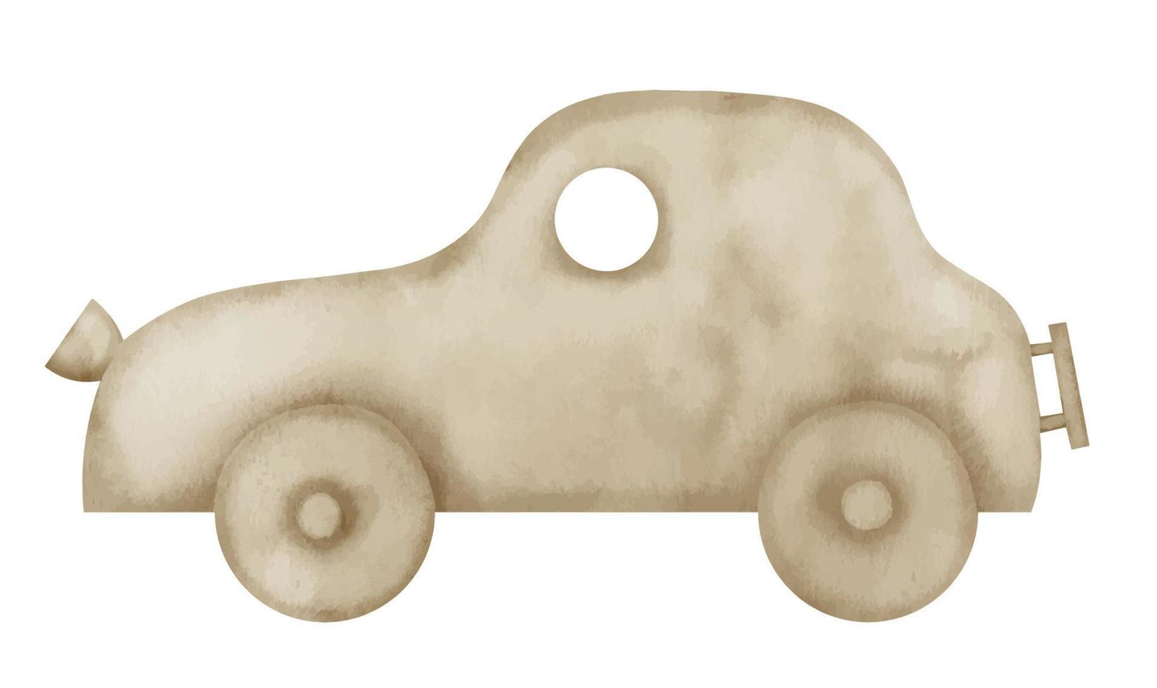 voiture jouet en bois. illustration dessinée à la main à l'aquarelle pour petit bébé garçon sur fond isolé. objet rétro pour jeu de loisir enfantin. élément vintage pour cartes de voeux ou invitations à des fêtes d'enfants vecteur