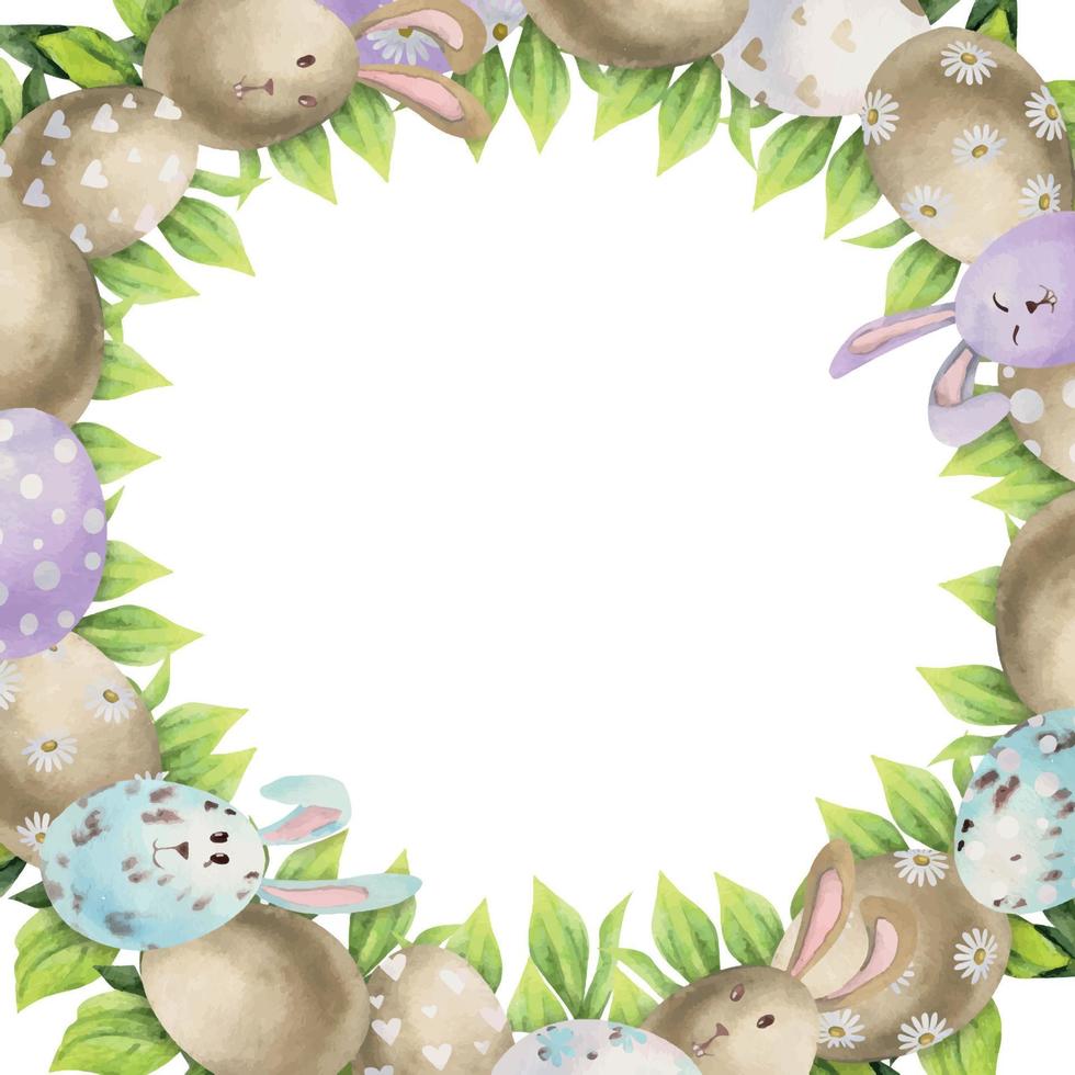 clipart de célébration de pâques dessiné à la main à l'aquarelle. couronne de cercle avec des oeufs, des lapins, des arcs et des feuilles de printemps. isolé sur fond blanc. conception pour invitations, cadeaux, cartes de vœux, impression, textile vecteur