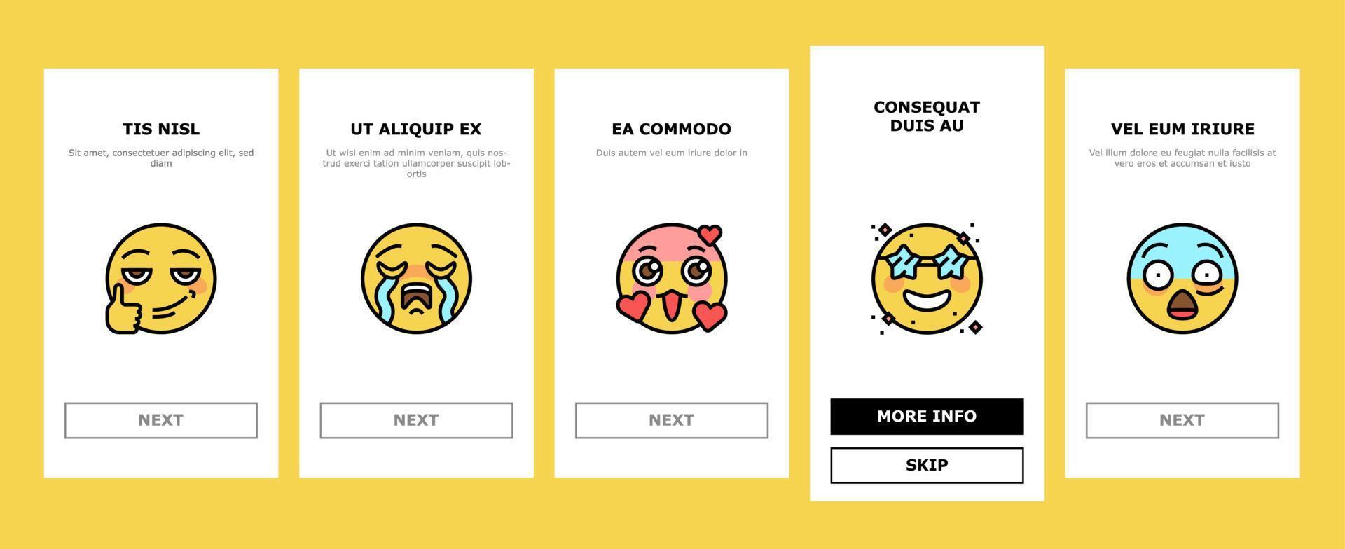 emoji émotionnel drôle sourire visage onboarding icons set vector