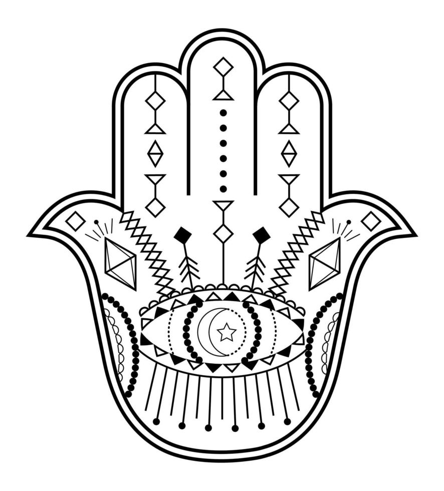 vecteur de main hamsa avec des symboles mystiques et ésotériques comme la pyramide, le mauvais œil. page de couleur indienne, tatouage, illustration au henné. art wicca, astrologique, occulte.