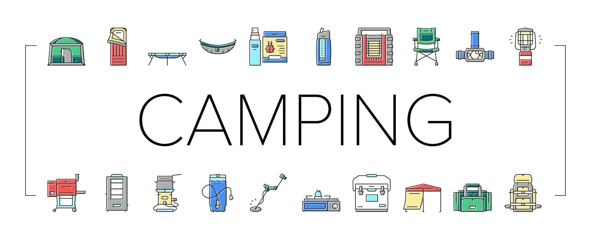 matériel de camping et accessoires icônes ensemble vecteur