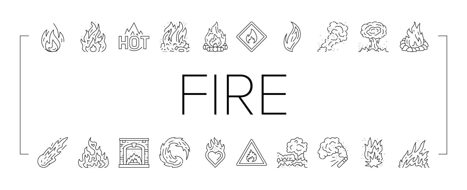 flamme feu chaud brûler feu de joie chaleur icônes définies vecteur