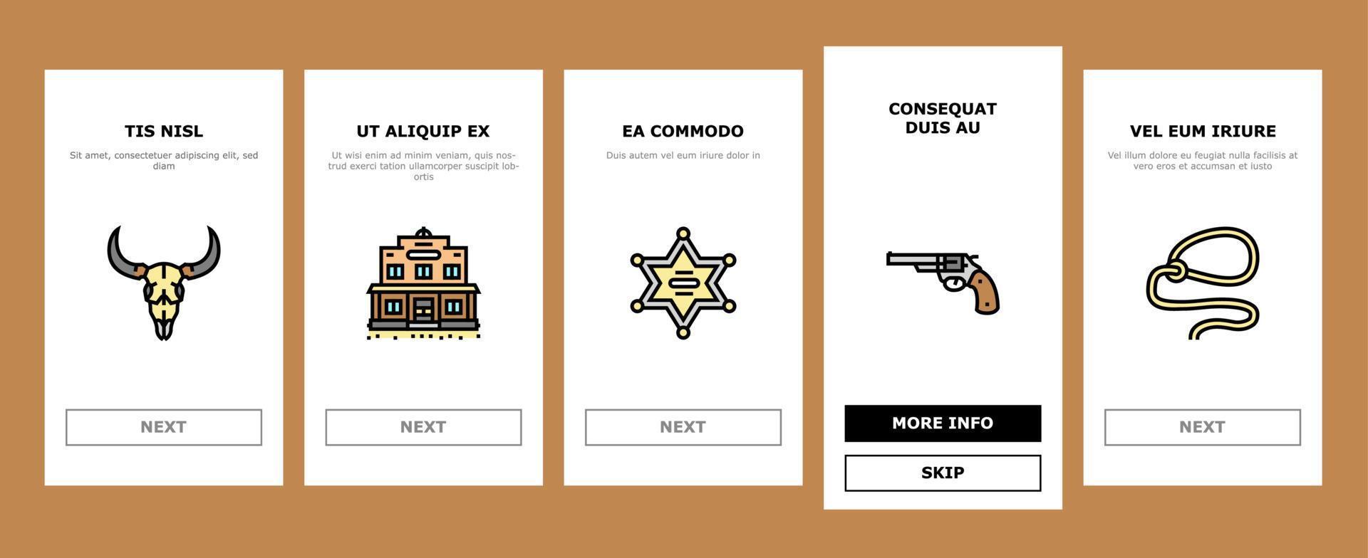 western cowboy et sheriff man onboarding icons set vector
