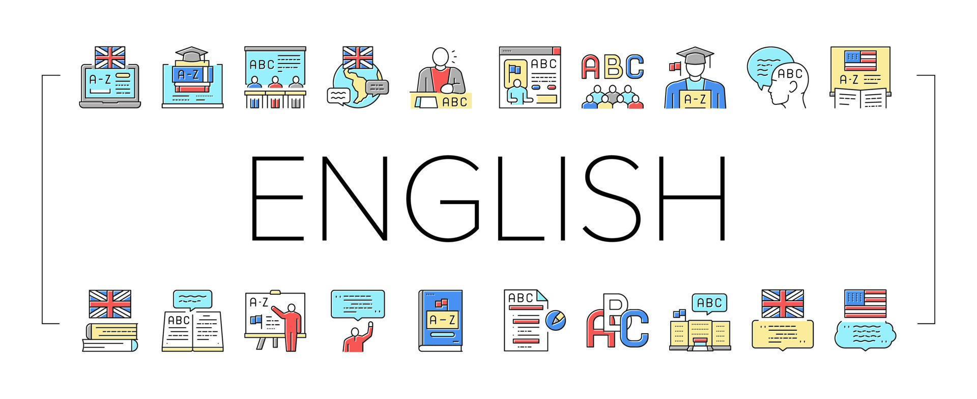 apprendre la langue anglaise à l'école icons set vector