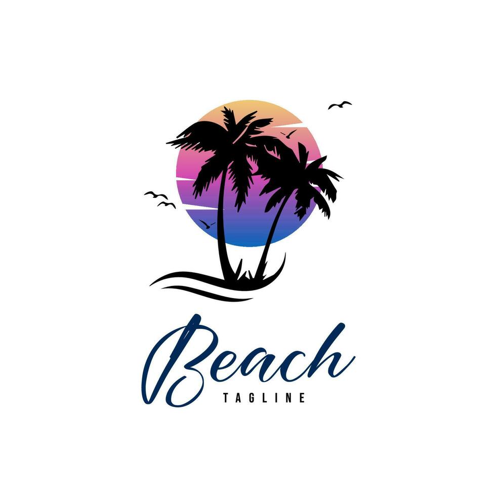 modèle de conception de logo, avec coucher de soleil, silhouettes de cocotiers et vagues vecteur