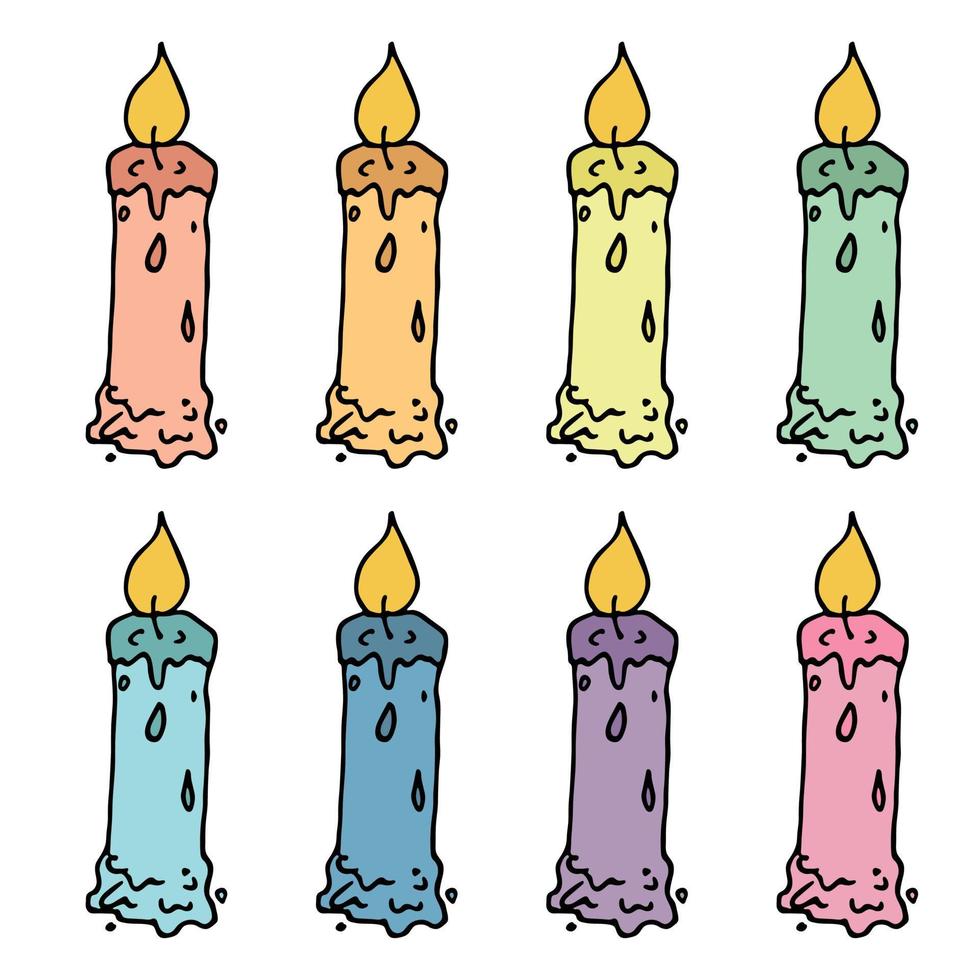ensemble de bougies d'anniversaire brûlantes. illustration de doodle unique. clipart dessiné à la main pour carte, logo, design vecteur