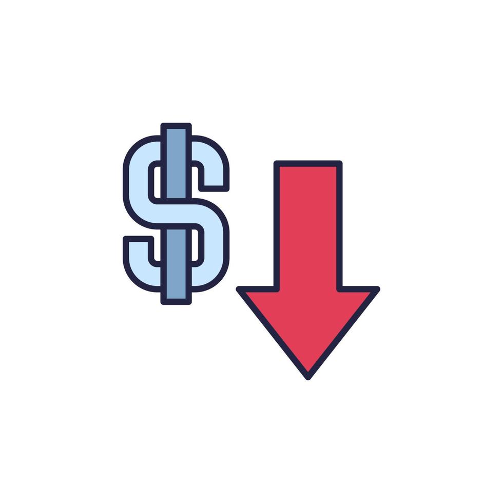 signe dollar et flèche de dévaluation valeur de devise vectorielle abaissant l'icône colorée vecteur
