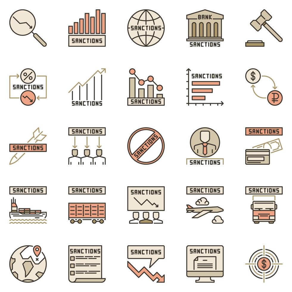 ensemble d'icônes colorées de sanctions. signes de concept de sanctions économiques vecteur