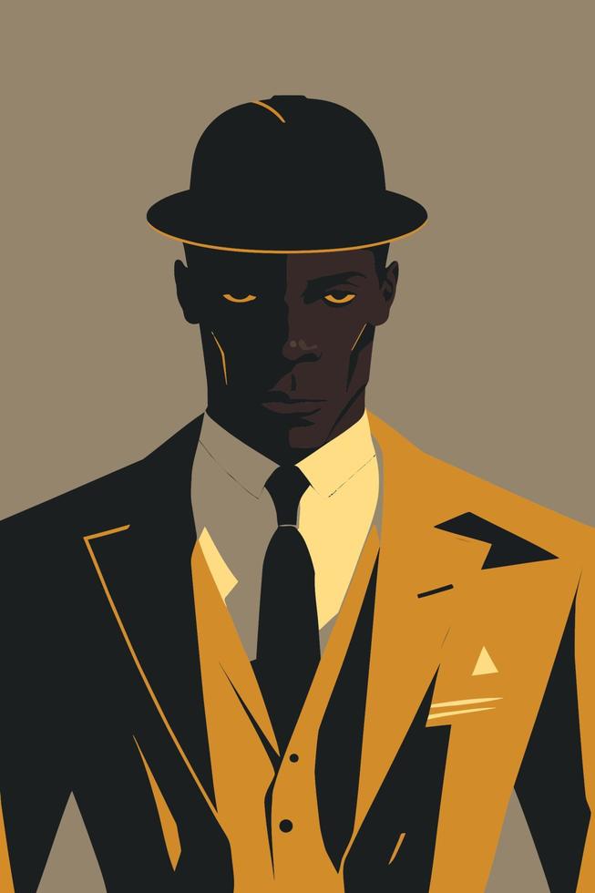homme afro-américain dans un chapeau et un costume. illustration vectorielle. vecteur