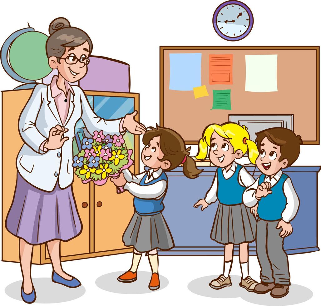 mignons petits écoliers donnant des fleurs à son professeur vecteur