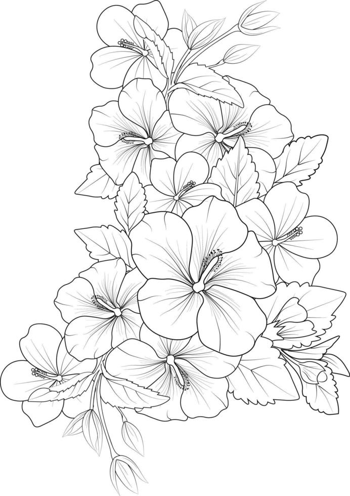 bouquet de fleur d'hibiscus croquis au crayon dessiné à la main coloriage et livre pour adultes isolés sur fond blanc tatouage d'élément floral, art à l'encre d'illustration. vecteur