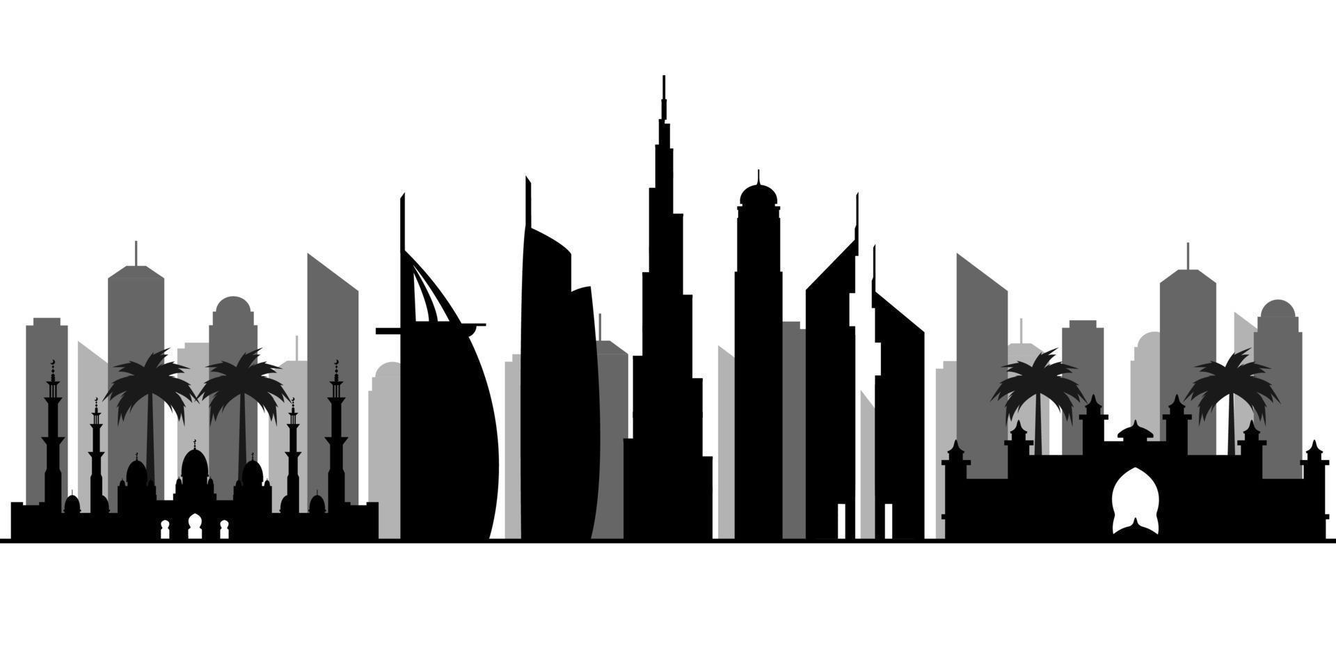 silhouette de dubaï. horizon des émirats. illustration vectorielle avec toutes les tours célèbres. silhouette de bâtiments gratte-ciel des émirats arabes unis. vecteur