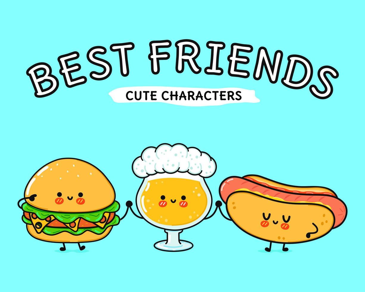 verre heureux mignon et drôle de bière, hot-dog et hamburger. personnages de kawaii de dessin animé dessinés à la main de vecteur, icône d'illustration. dessin animé drôle verre de bière hot dog et hamburger mascotte amis concept vecteur