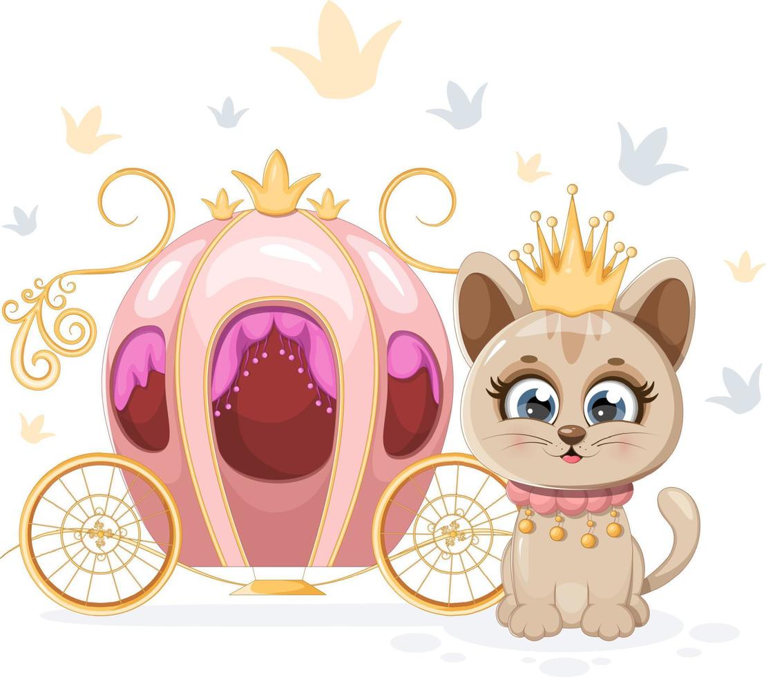 une petite et mignonne princesse chaton avec couronne près du chariot vecteur
