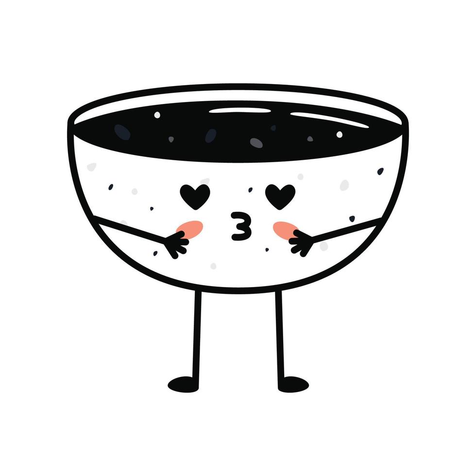 mascotte de sushi kawaii en style dessin animé. joli bol de sauce soja pour le menu vecteur