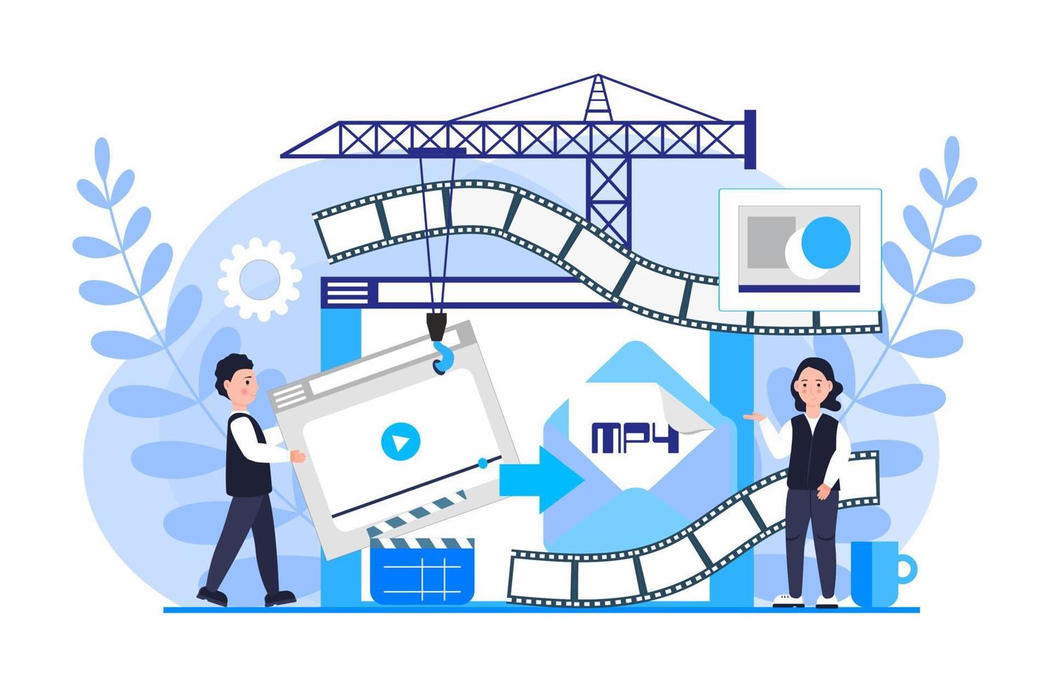 concept de convertisseur mp4 avec des personnes minuscules. écran avec processus de modification ou de conversion du document dans un autre format. compression de film. illustration vectorielle plane pour application, site Web, bannière vecteur