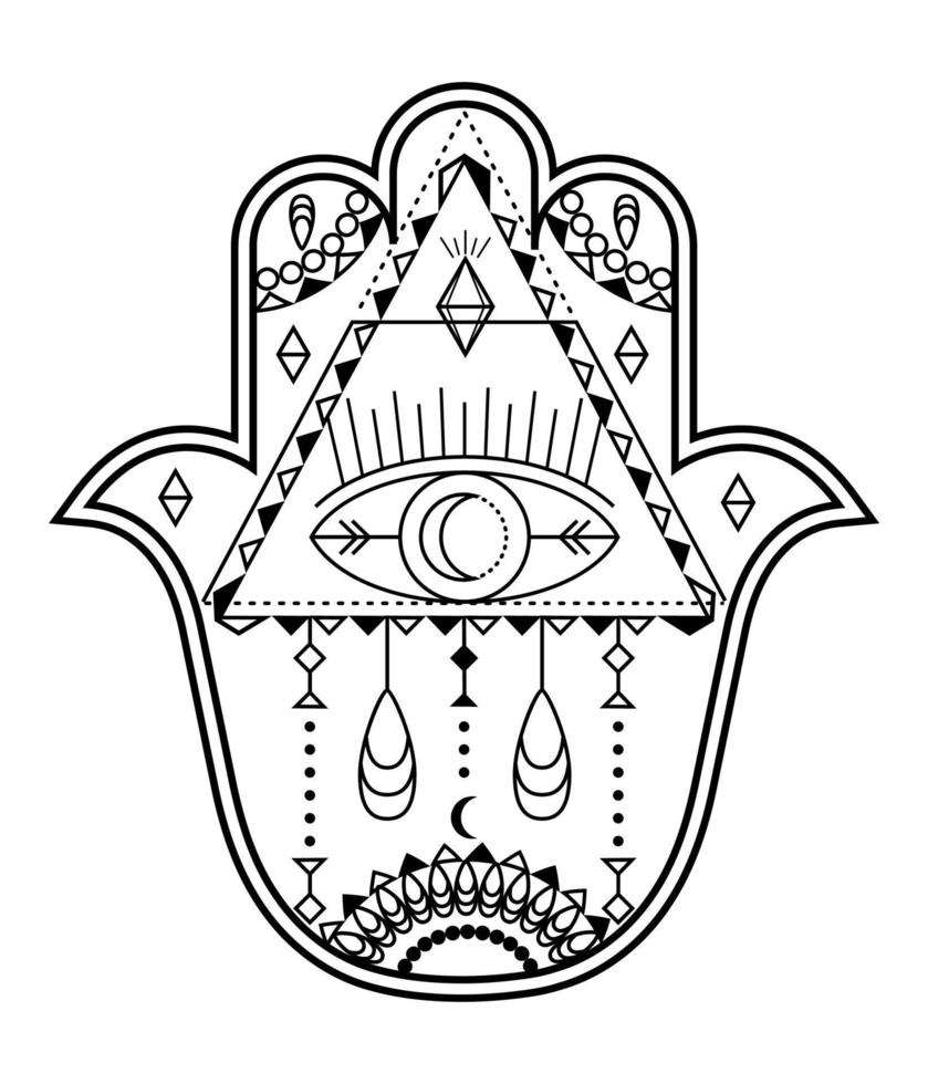 vecteur de main hamsa avec des symboles mystiques et ésotériques comme la pyramide, le mauvais œil. page de couleur indienne, tatouage, illustration au henné. art wicca, astrologique, occulte.