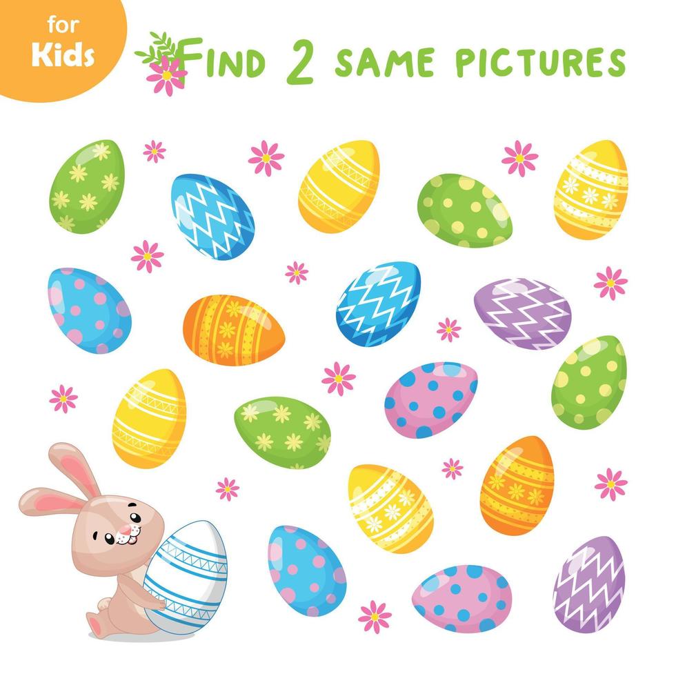 trouver 2 œufs identiques est un jeu amusant et éducatif pour les enfants. les joueurs doivent faire correspondre des paires d'œufs de Pâques lapin mignon. idéal pour améliorer la mémoire et la concentration. profiter de l'excitation de Pâques vecteur