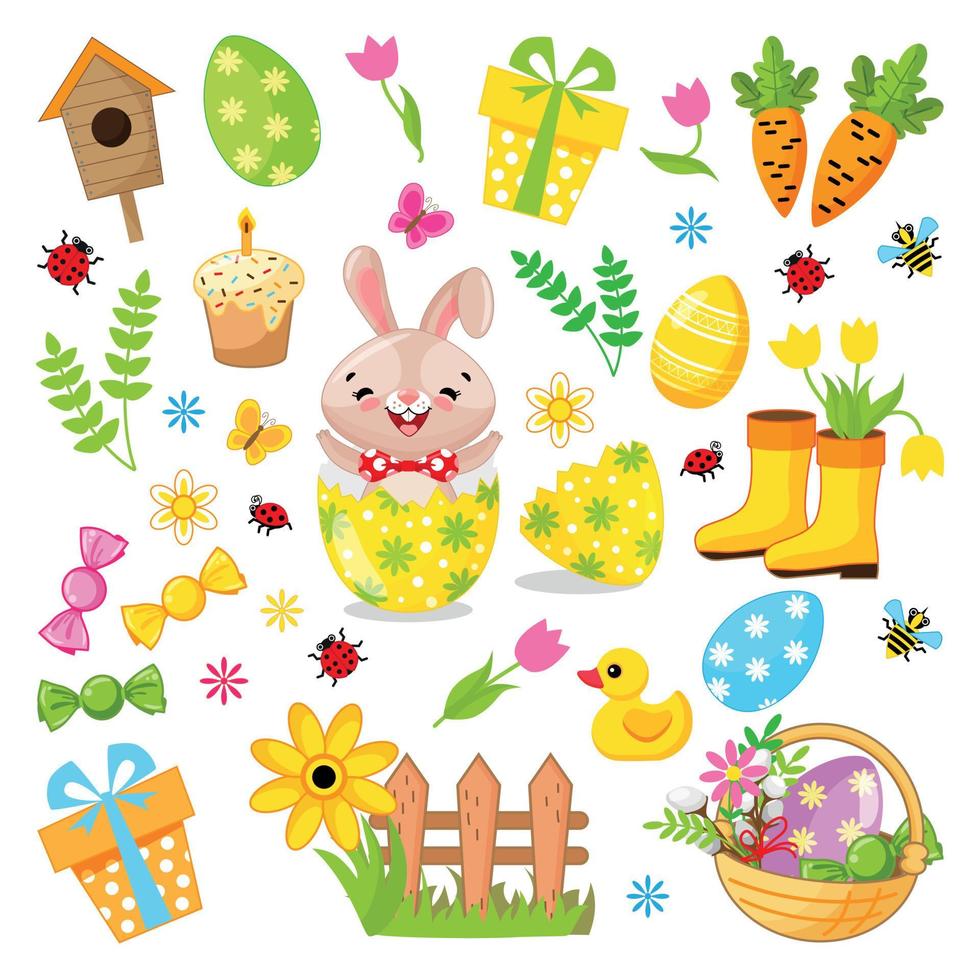 ensemble de pâques d'éléments de conception et d'images en style cartoon sur le thème de pâques. lapin de pâques, fleurs, oiseaux et oeufs peints sur fond blanc, objet découpé isolé. lapin saute hors de l'oeuf vecteur