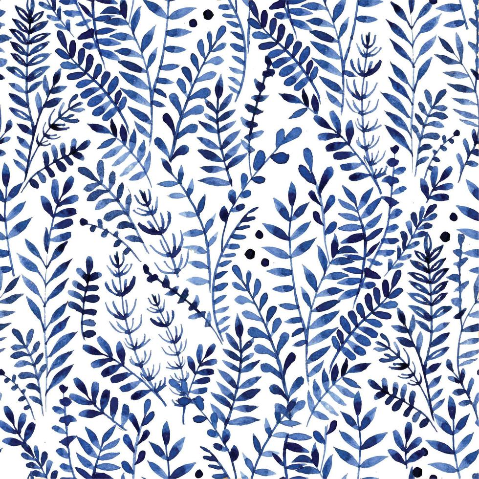 modèle sans couture aquarelle avec des feuilles bleues et des herbes sauvages. impression délicate aérée sur fond blanc vecteur
