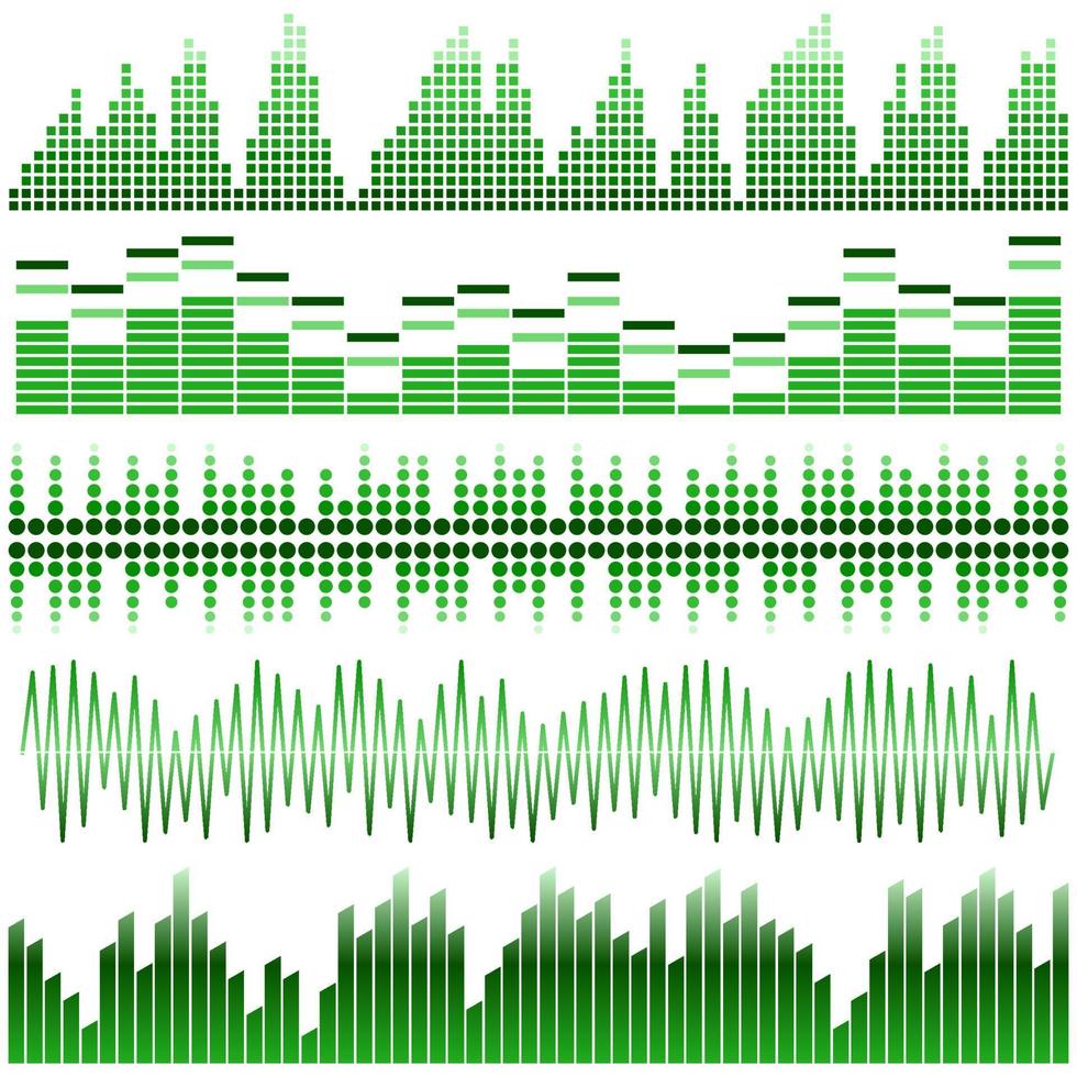 ensemble vectoriel d'ondes sonores vertes. égaliseur audio. ondes sonores et audio isolées sur fond blanc.