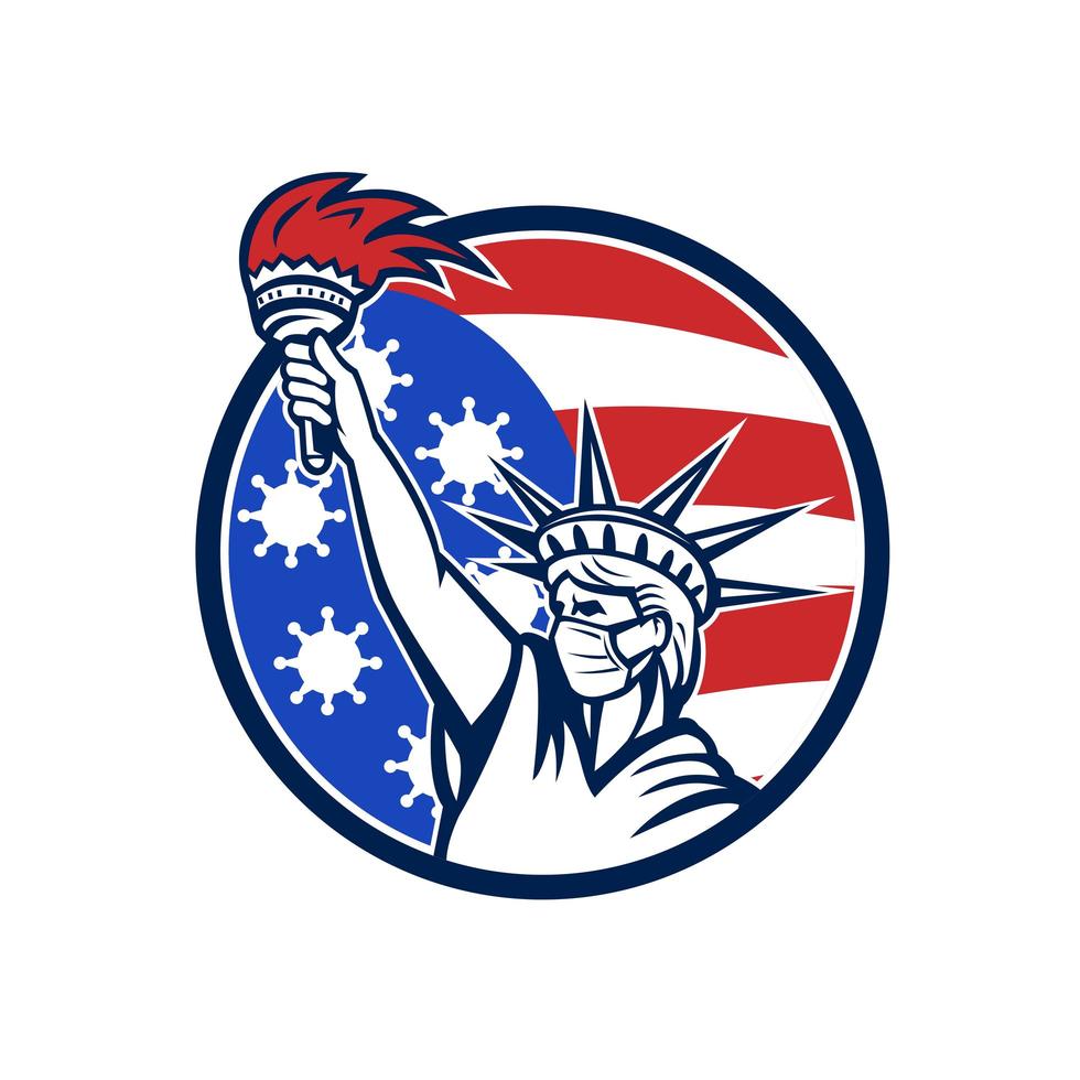 statue de la liberté avec masque emblème du drapeau covid-19 vecteur