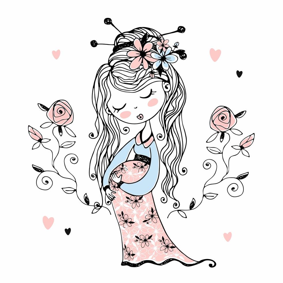 jolie fille enceinte avec des fleurs dans ses cheveux vecteur