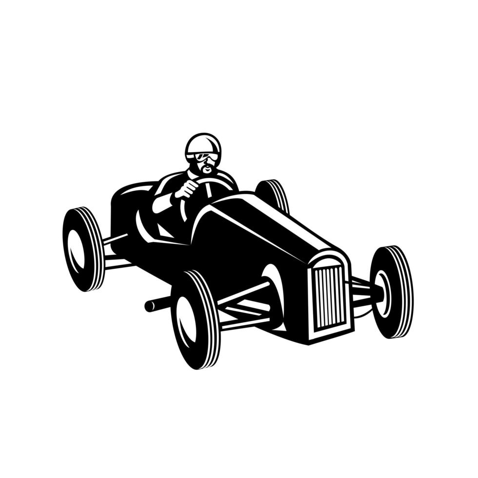 Pilote de course au volant d'une voiture de course vintage rétro en noir et blanc vecteur