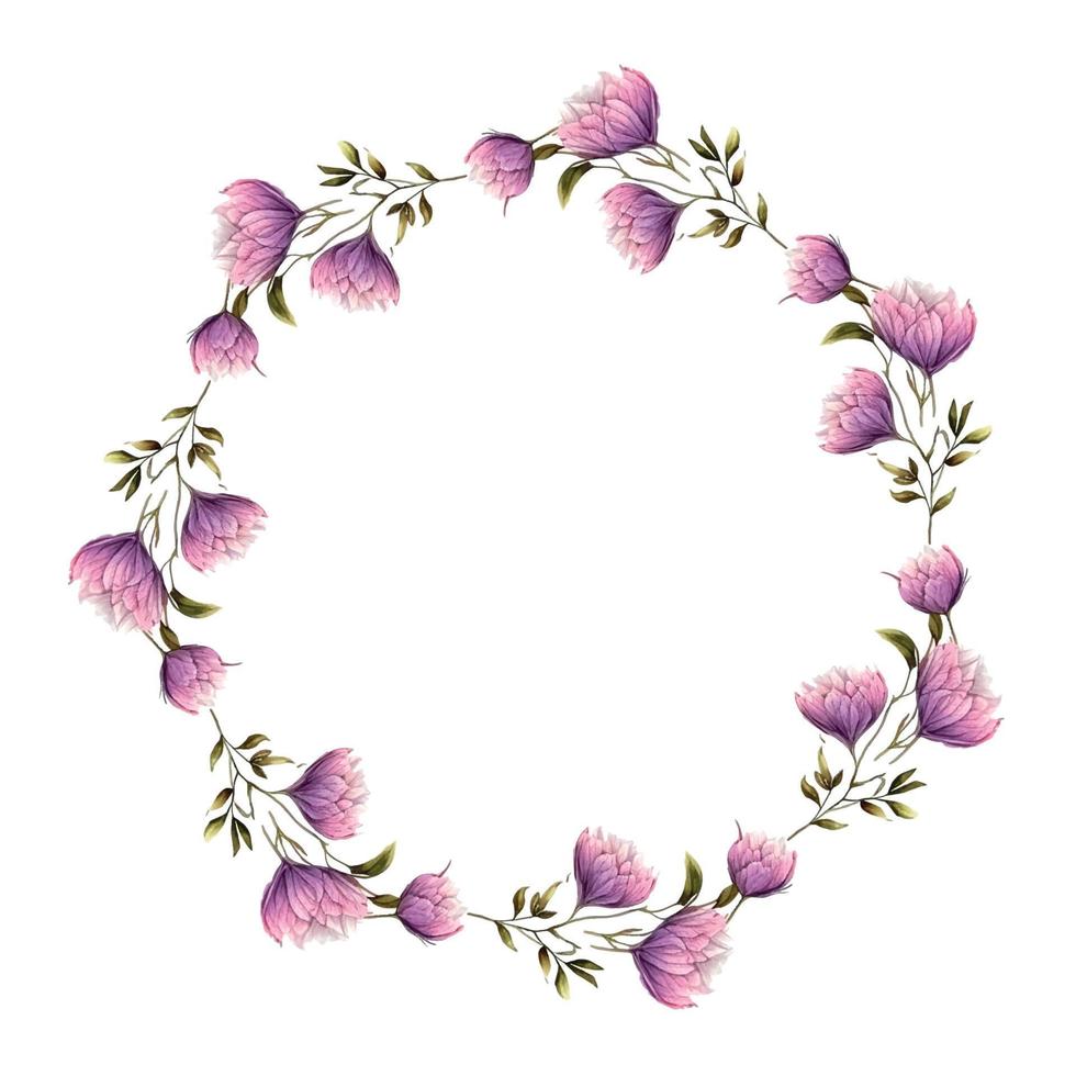 cadre de fleurs de vecteur. belle couronne. collection florale élégante avec des feuilles et des fleurs bleues, roses isolées, aquarelle dessinée à la main. conception pour invitation, mariage ou cartes de voeux vecteur