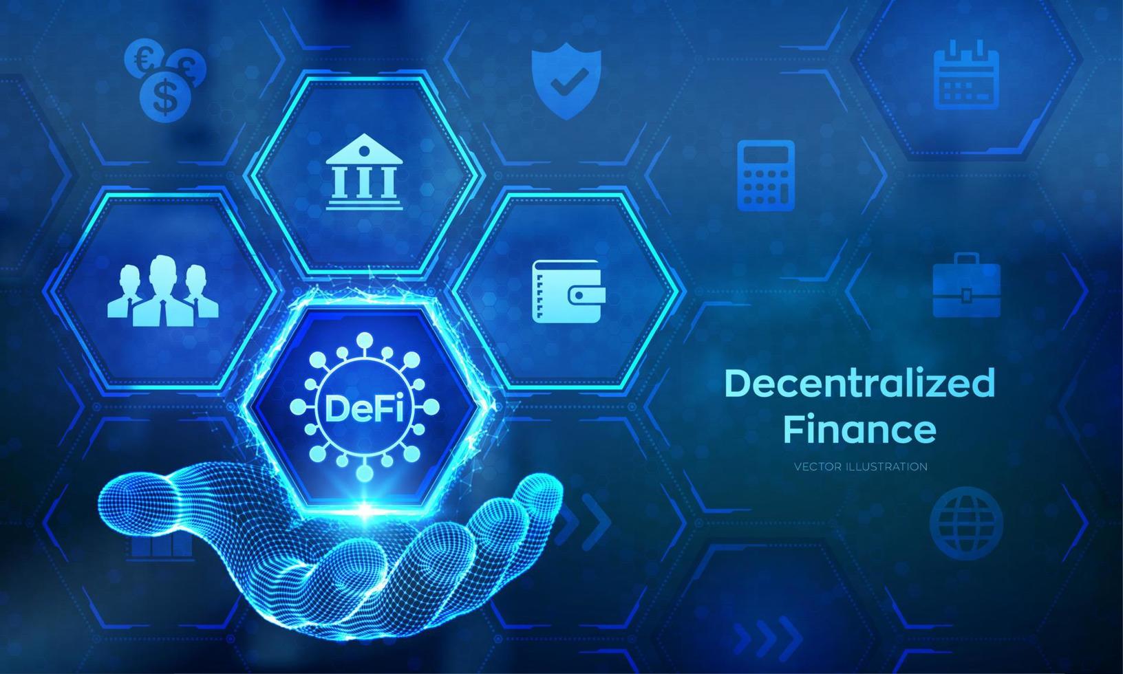 défi. finances décentralisées. blockchain, système financier décentralisé. concept de concept de technologie d'entreprise dans la main filaire. illustration vectorielle. vecteur