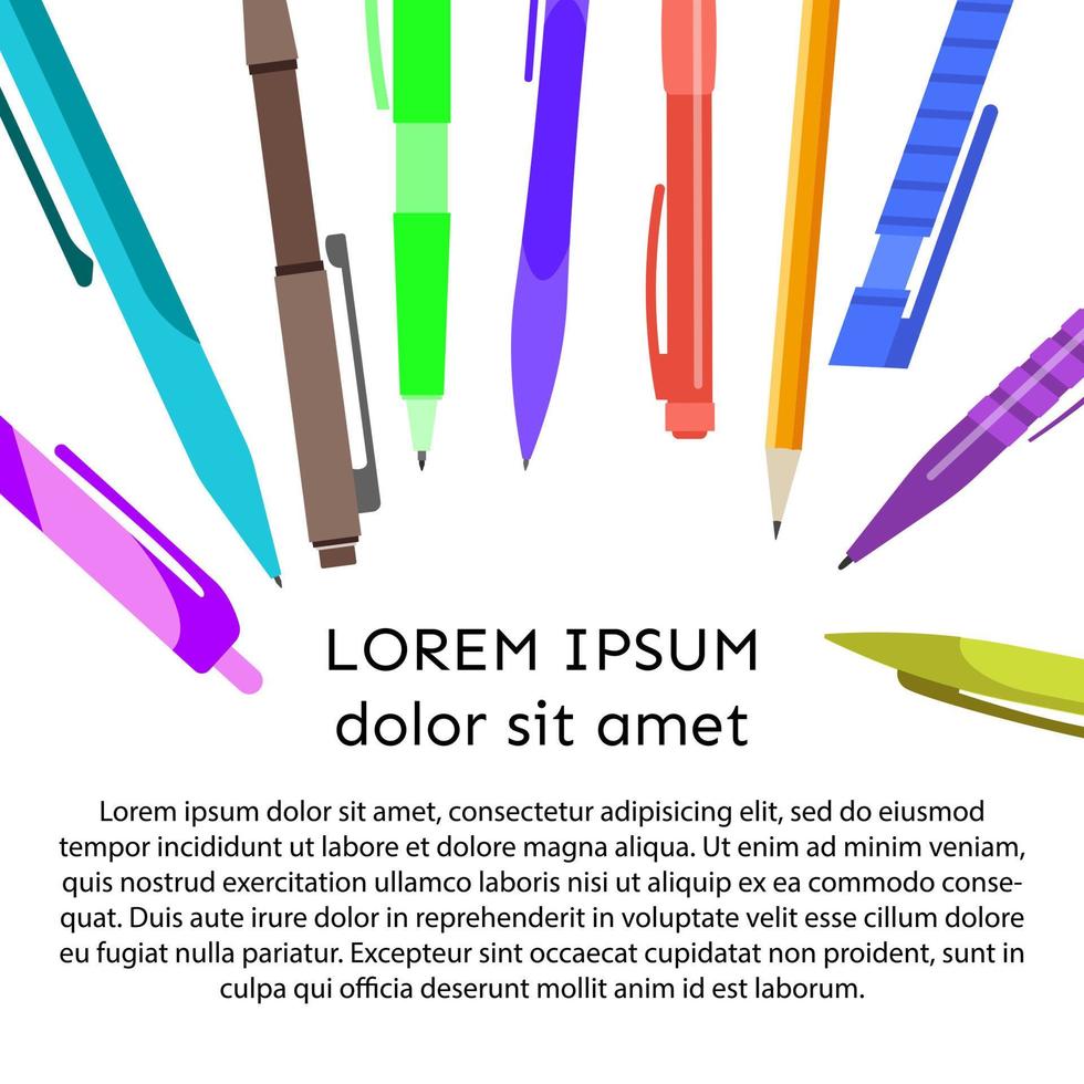 fond avec stylos, crayons et place pour votre texte. illustration vectorielle. vecteur