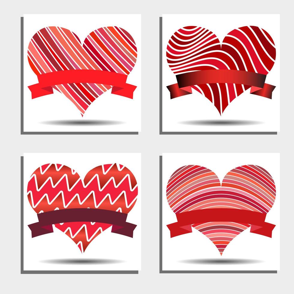 ensemble de coeurs rouges avec des rubans et des ombres sur fond blanc. symbole de l'amour. illustration vectorielle de la Saint-Valentin. vecteur