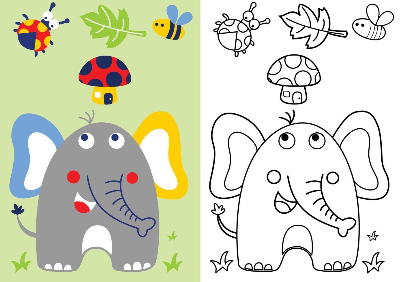 éléphant mignon avec des insectes et des champignons, livre de coloriage ou page, illustration de dessin animé vectoriel