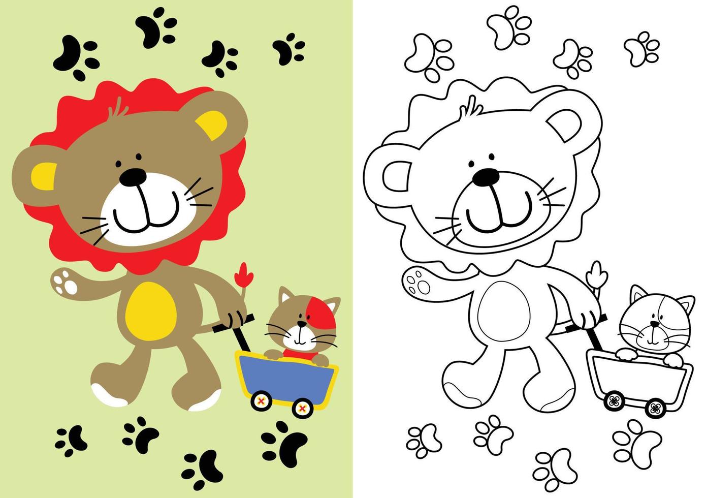 caricature de vecteur de lion drôle tirant chaton avec chariot, livre de coloriage ou page