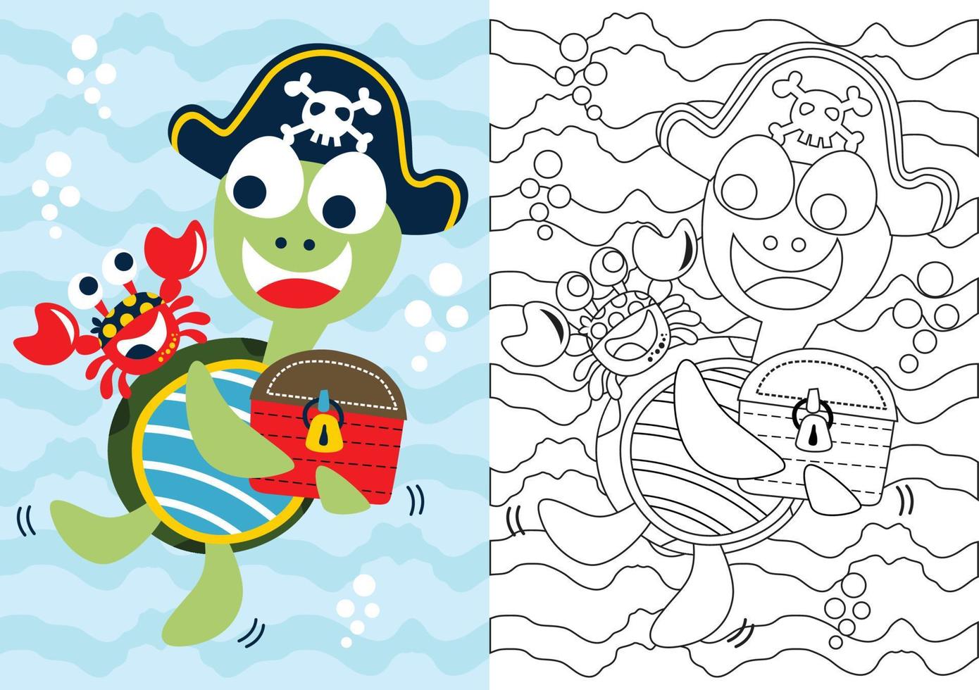 caricature de vecteur de crabe avec tortue portant une casquette de pirates tenant un coffre au trésor, un livre de coloriage ou une page