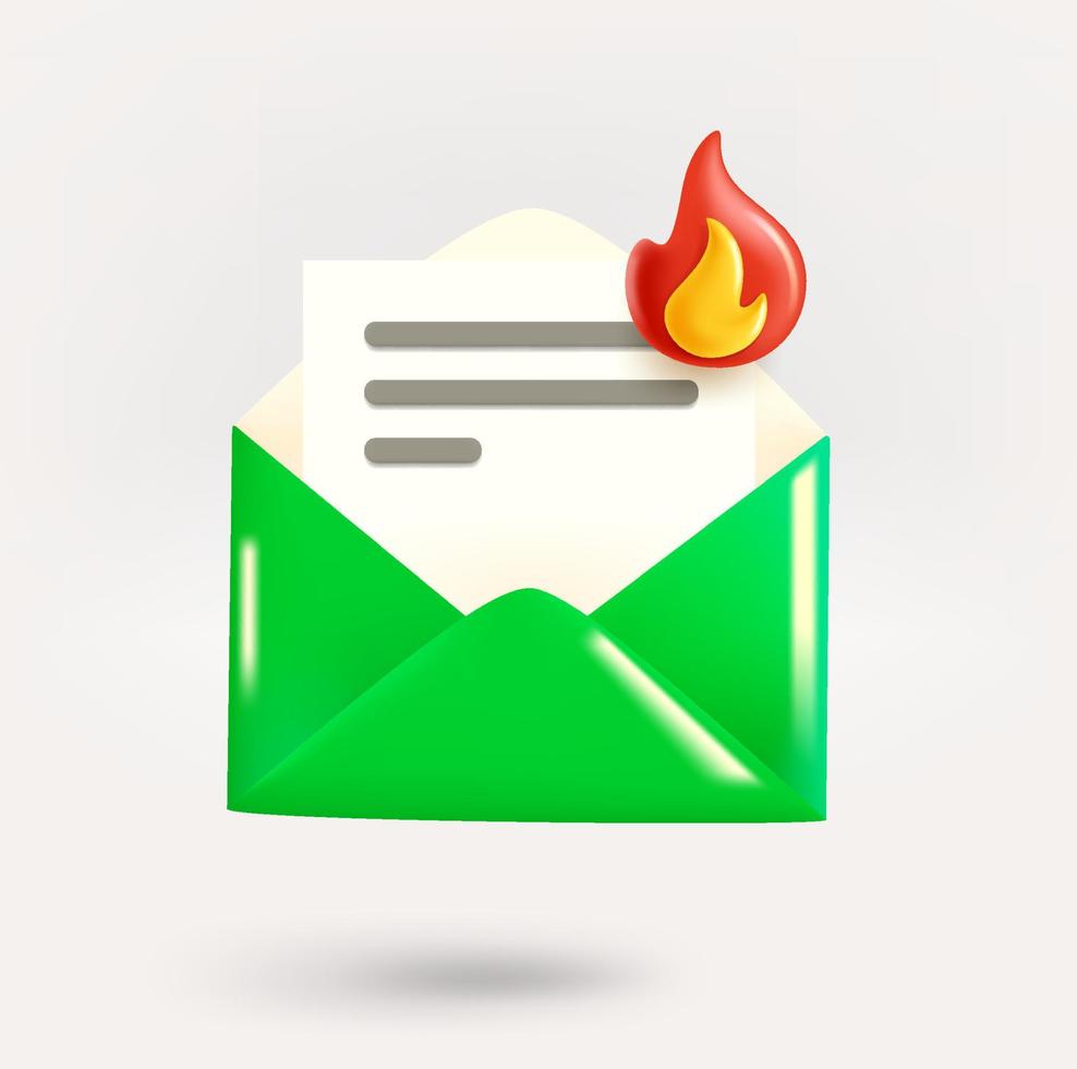 nouvelle icône de courrier avec feu de joie. concept de message chaud. icône de vecteur 3d isolé sur fond blanc
