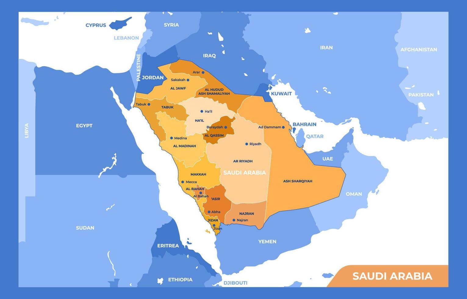 carte géographique du royaume d'arabie saoudite avec les provinces et les villes vecteur