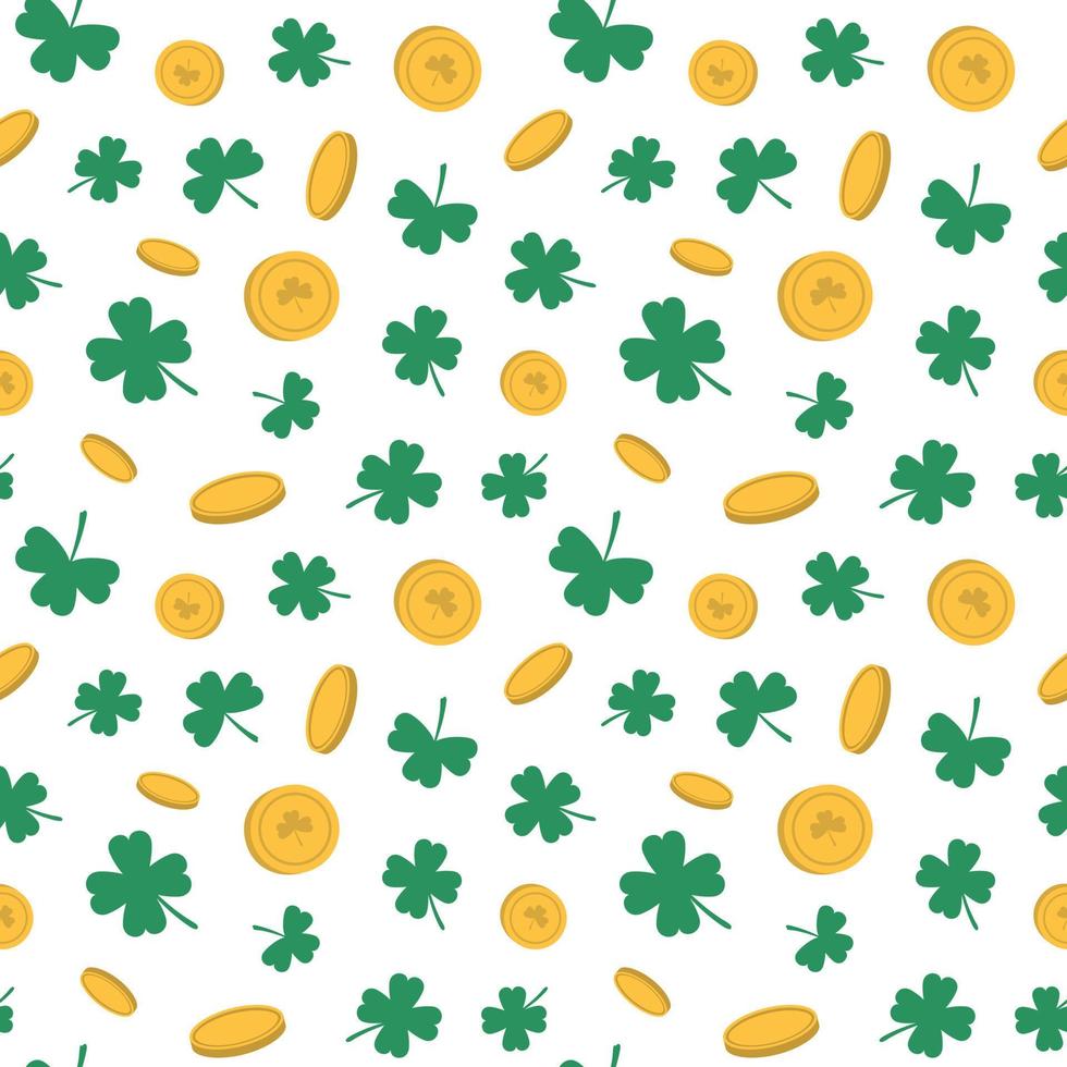 modèle vectoriel avec pièces d'or et trèfle. isolé sur fond blanc. conception saisonnière pour st. patrick's day, textiles pour enfants, couvertures