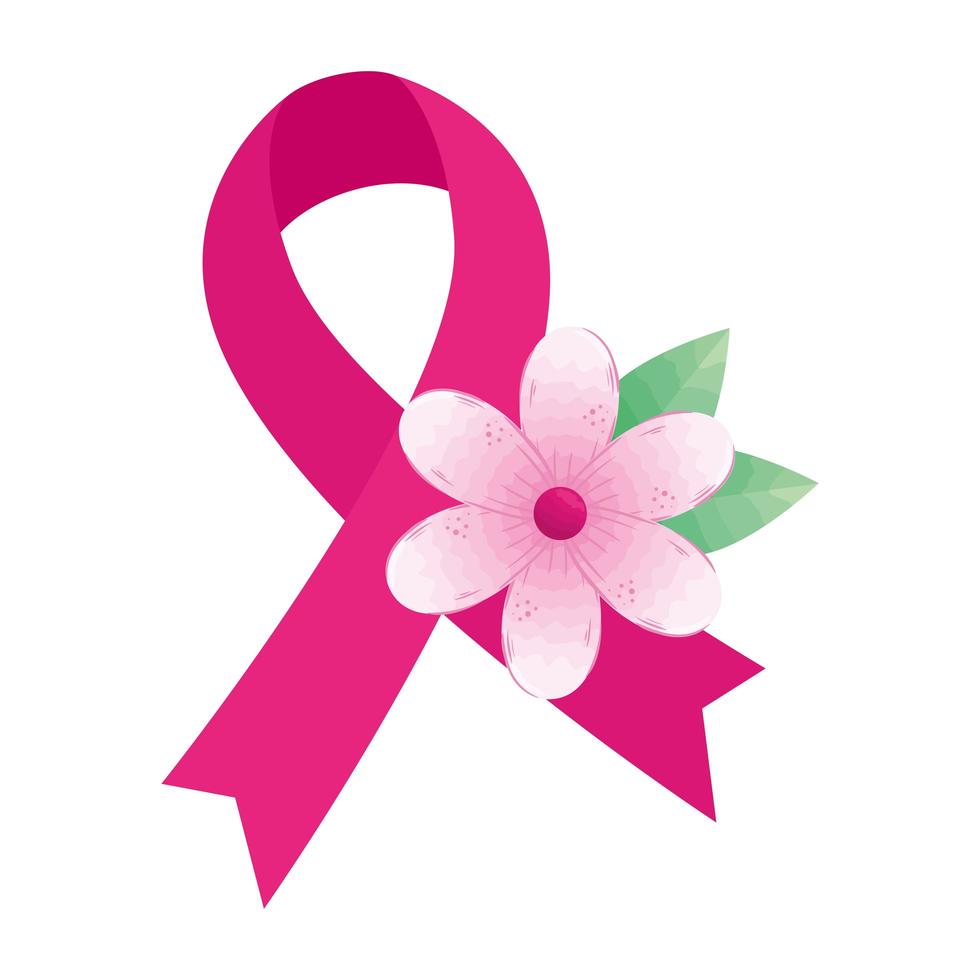 ruban rose avec fleur et feuilles de conception de vecteur de sensibilisation au cancer du sein