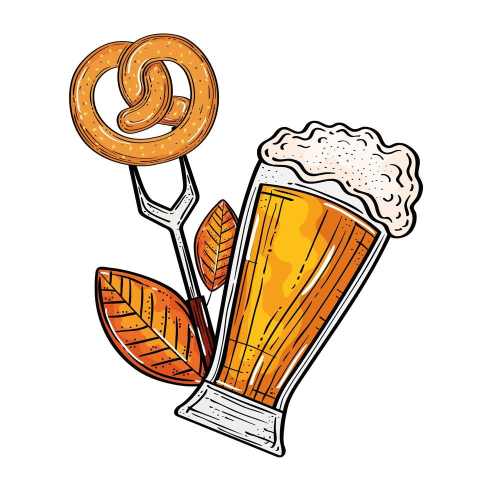 Verre à bière oktoberfest avec bretzel sur la conception de vecteur de fourche