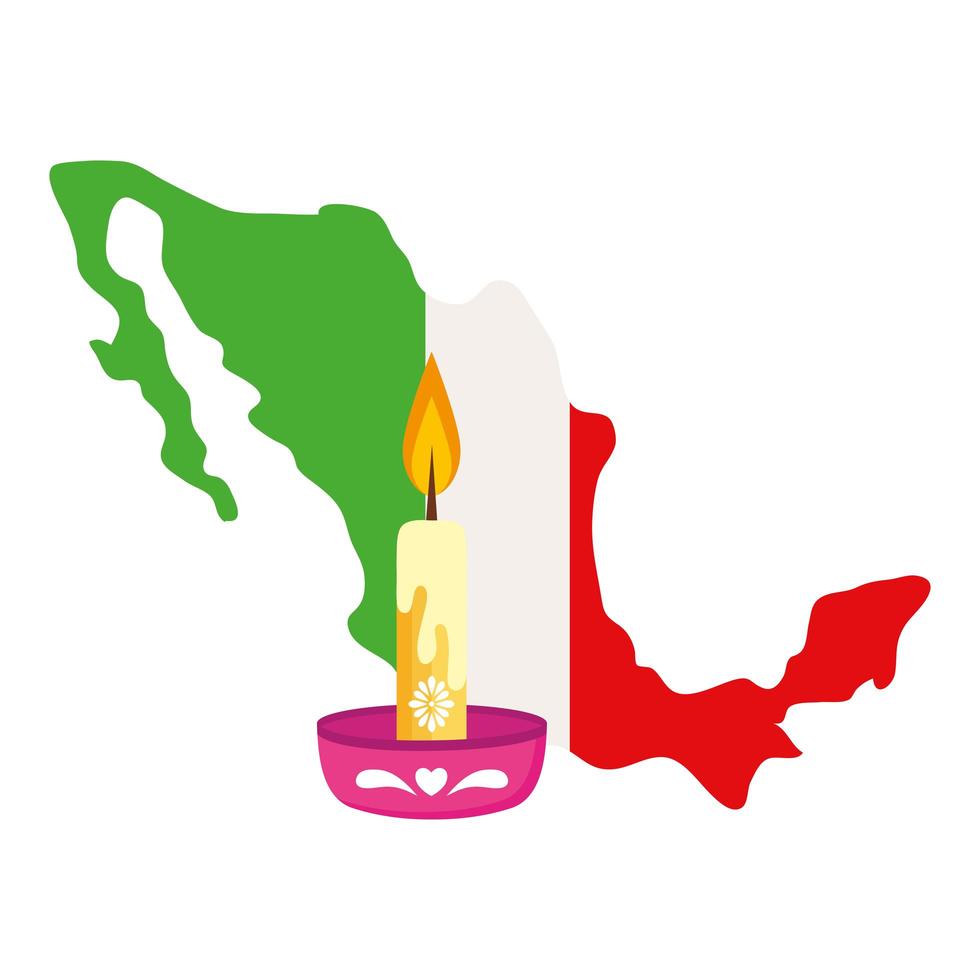 Drapeau de la carte du Mexique avec bougie sur fond blanc vecteur