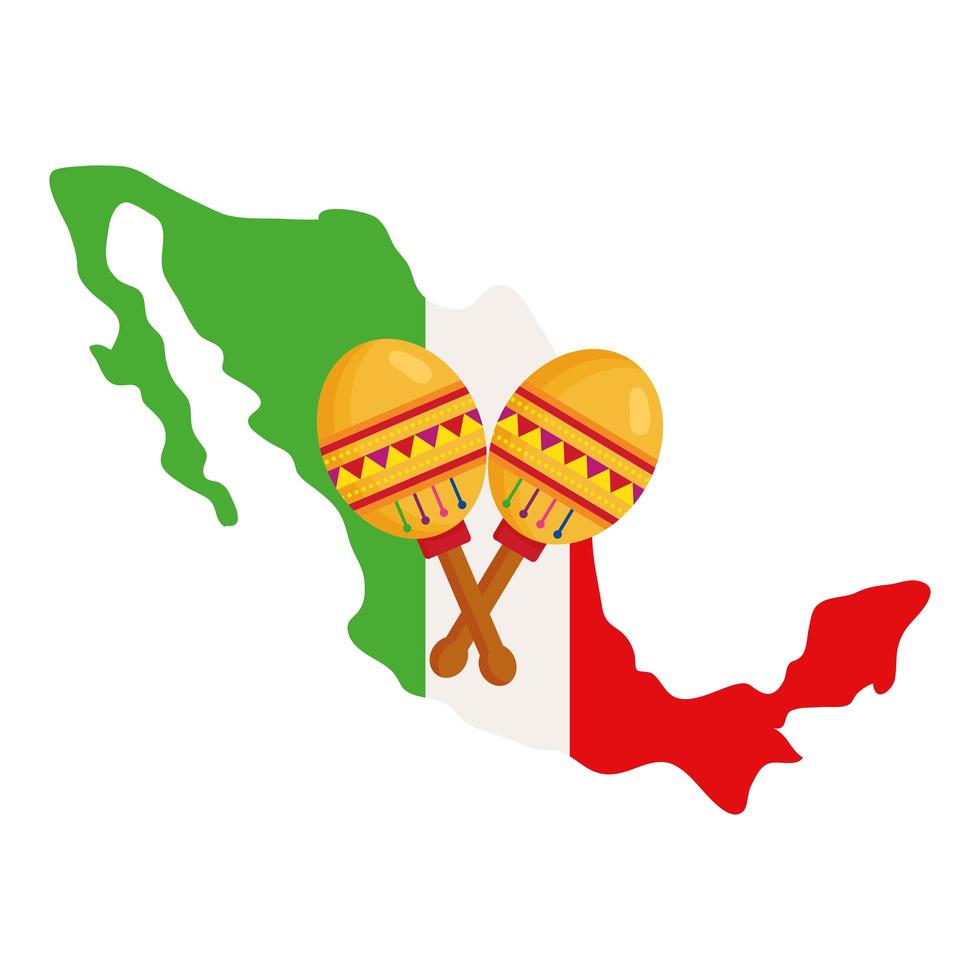 Drapeau de la carte du Mexique avec des maracas sur fond blanc vecteur