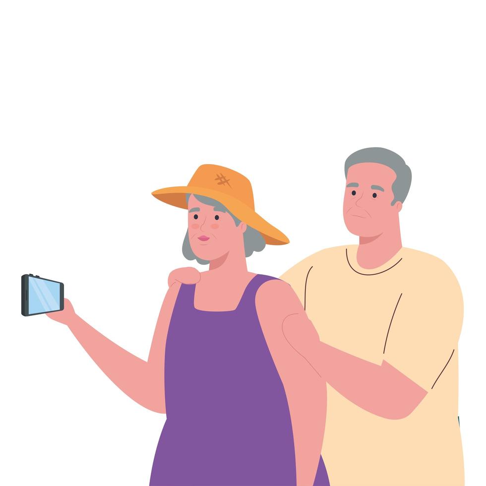 joli vieux couple prenant un selfie avec smartphone vecteur