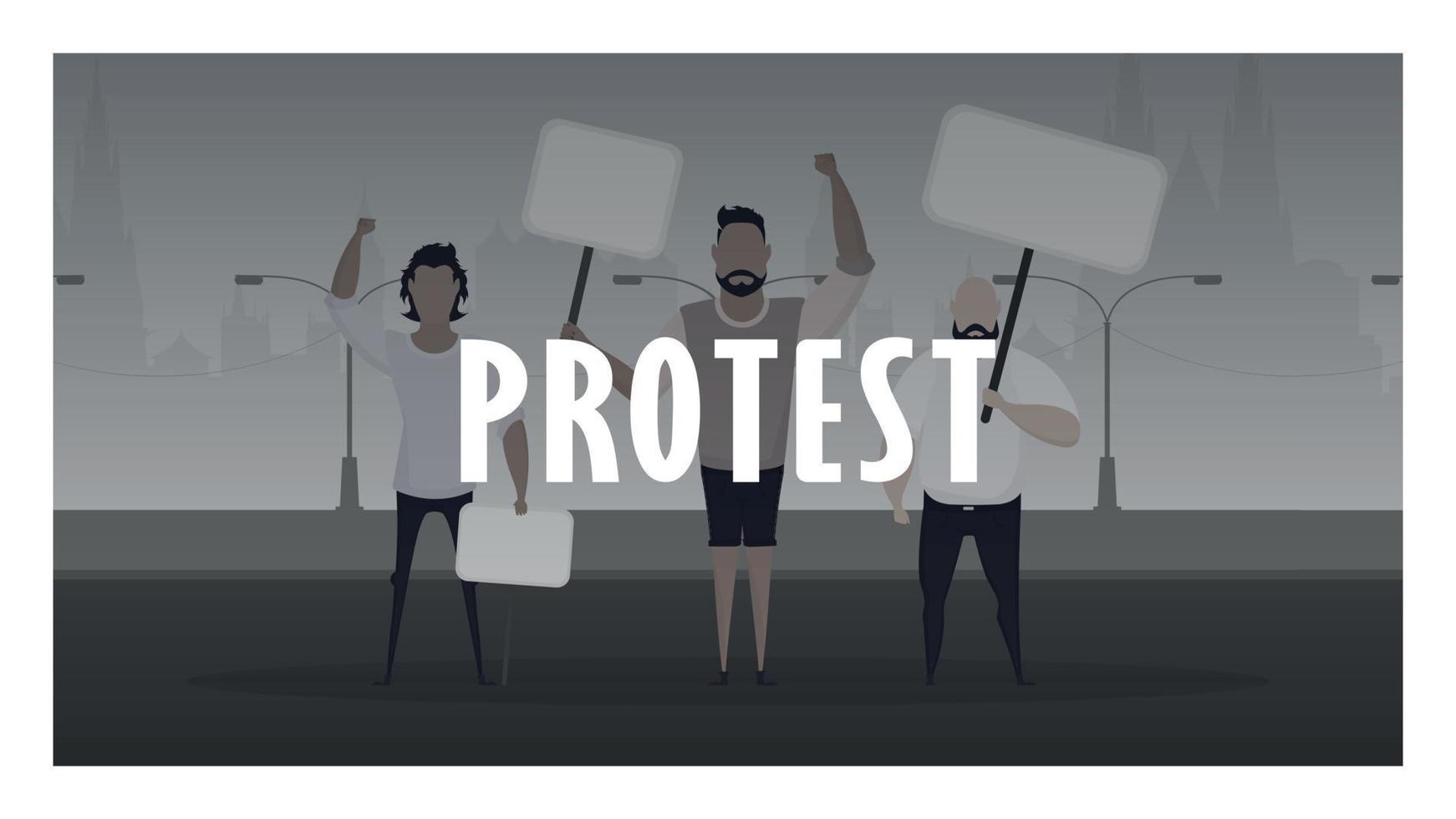 banderole de protestation. une foule de gars avec des banderoles à la main est sortie pour protester. style prosky. illustration vectorielle. vecteur