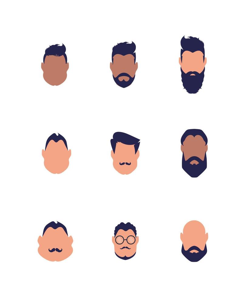 ensemble de visages de gars de différents types et nationalités. isolé. vecteur. vecteur