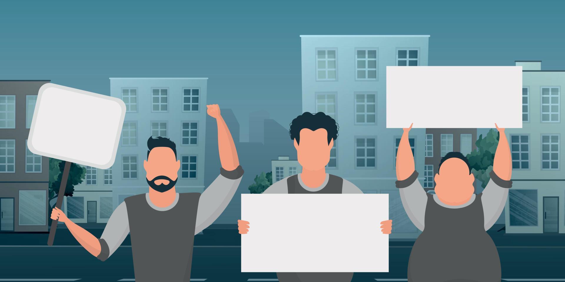 un groupe d'hommes avec des banderoles protestent. style bande dessinée. illustration vectorielle. vecteur
