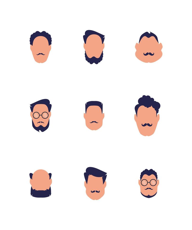 ensemble de visages de gars de différents types et nationalités. isolé. illustration vectorielle. vecteur