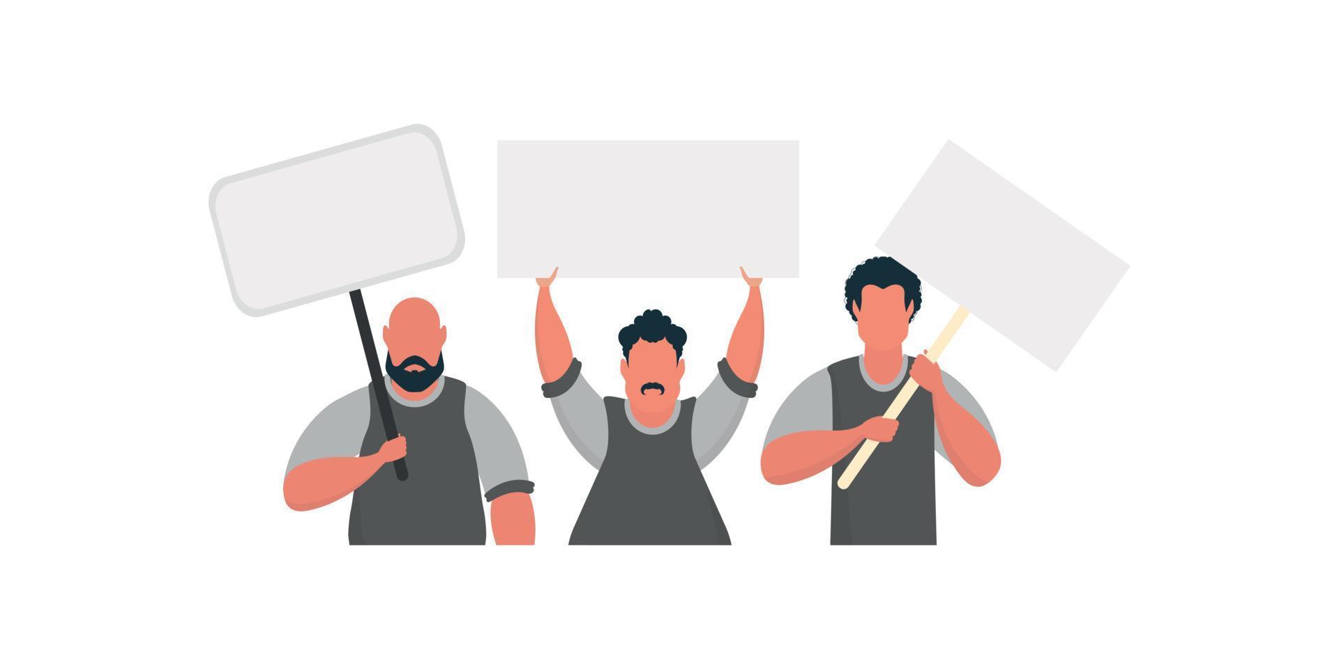 un groupe d'hommes avec une bannière vierge dans leurs mains isolées. style plat. illustration vectorielle. vecteur